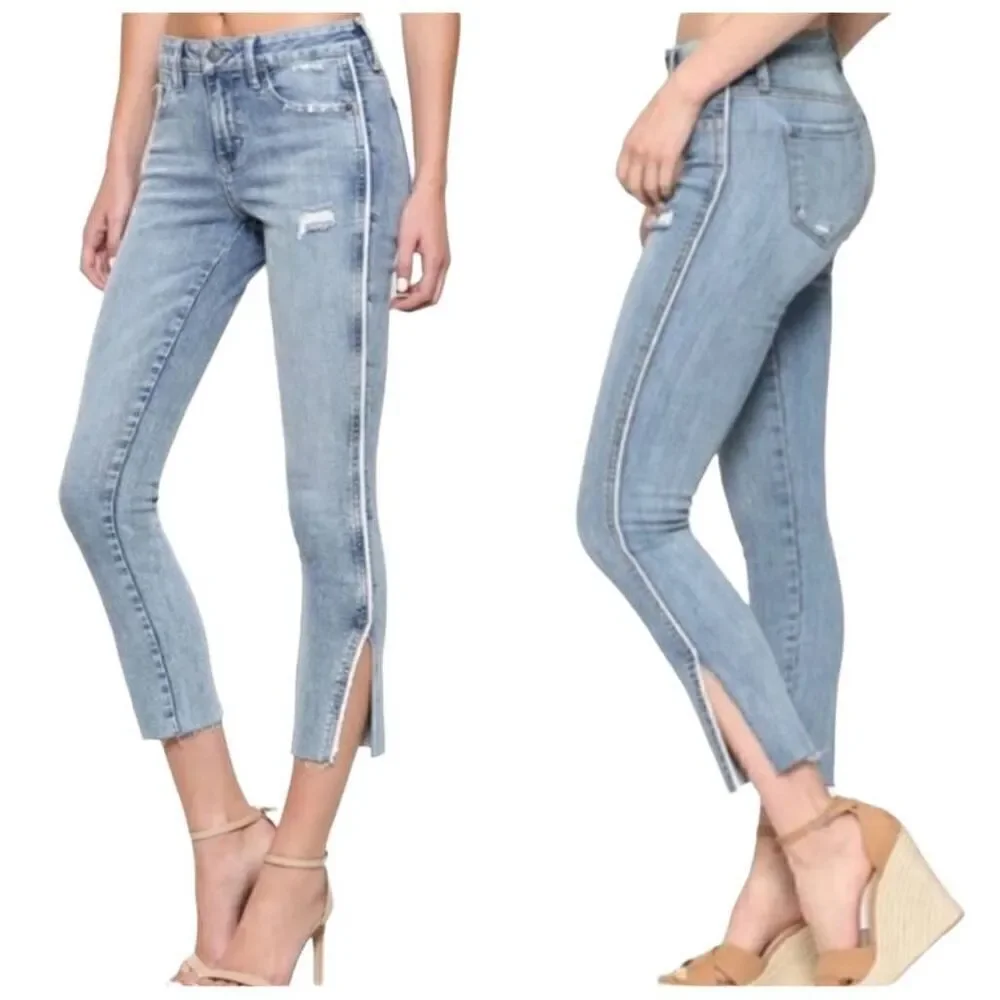 Hidden Distressed Side Piping Fringe Raw Hem Jean Denim Size 28